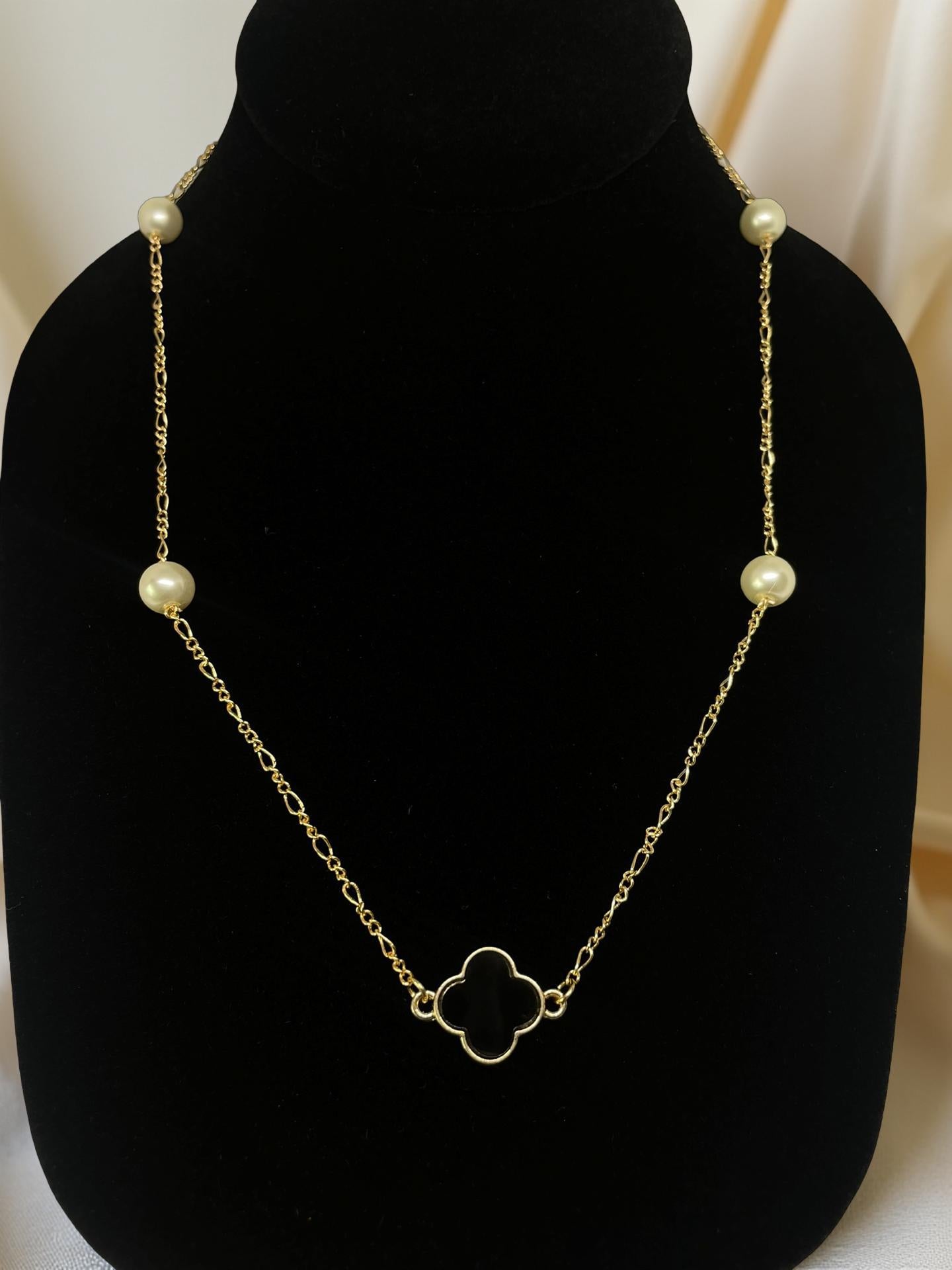 Gold Pearl Necklace with Black Quatrefoil Charm – Elegant Minimalist Jewelry, Dainty Chain Necklace, Handmade Gift for Her