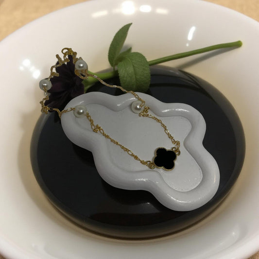 Gold Pearl Necklace with Black Quatrefoil Charm – Elegant Minimalist Jewelry, Dainty Chain Necklace, Handmade Gift for Her